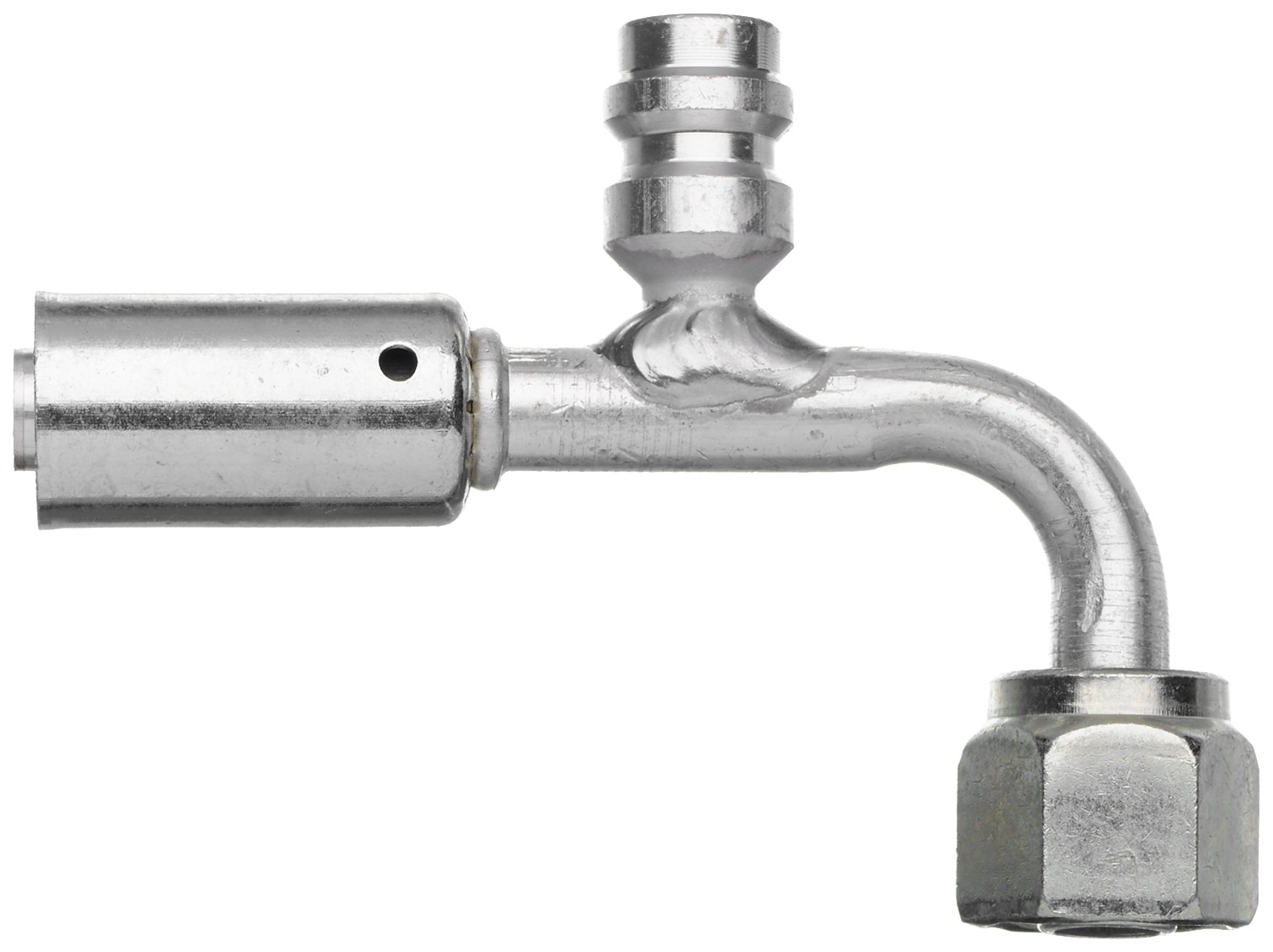 Female SAE Tube O-Ring Nut Swivel w/R134a Service Port-90 Bent Tube-Alum.