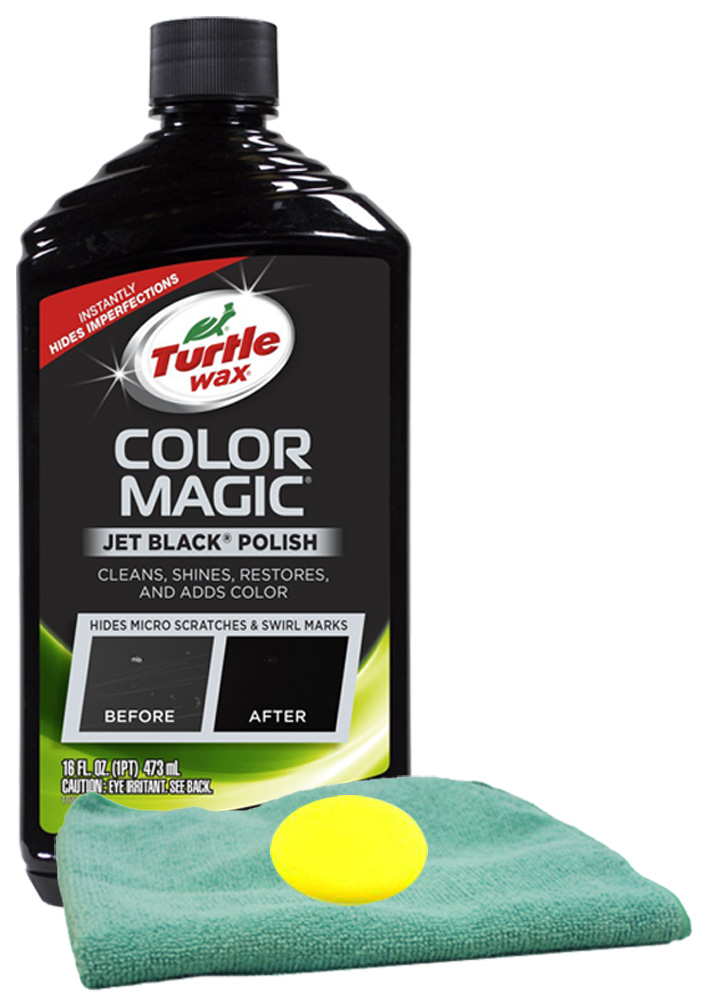 Turtle Wax Color Magic Black Car Polish (16 oz), Microfiber Cloth & Foam Pad Kit