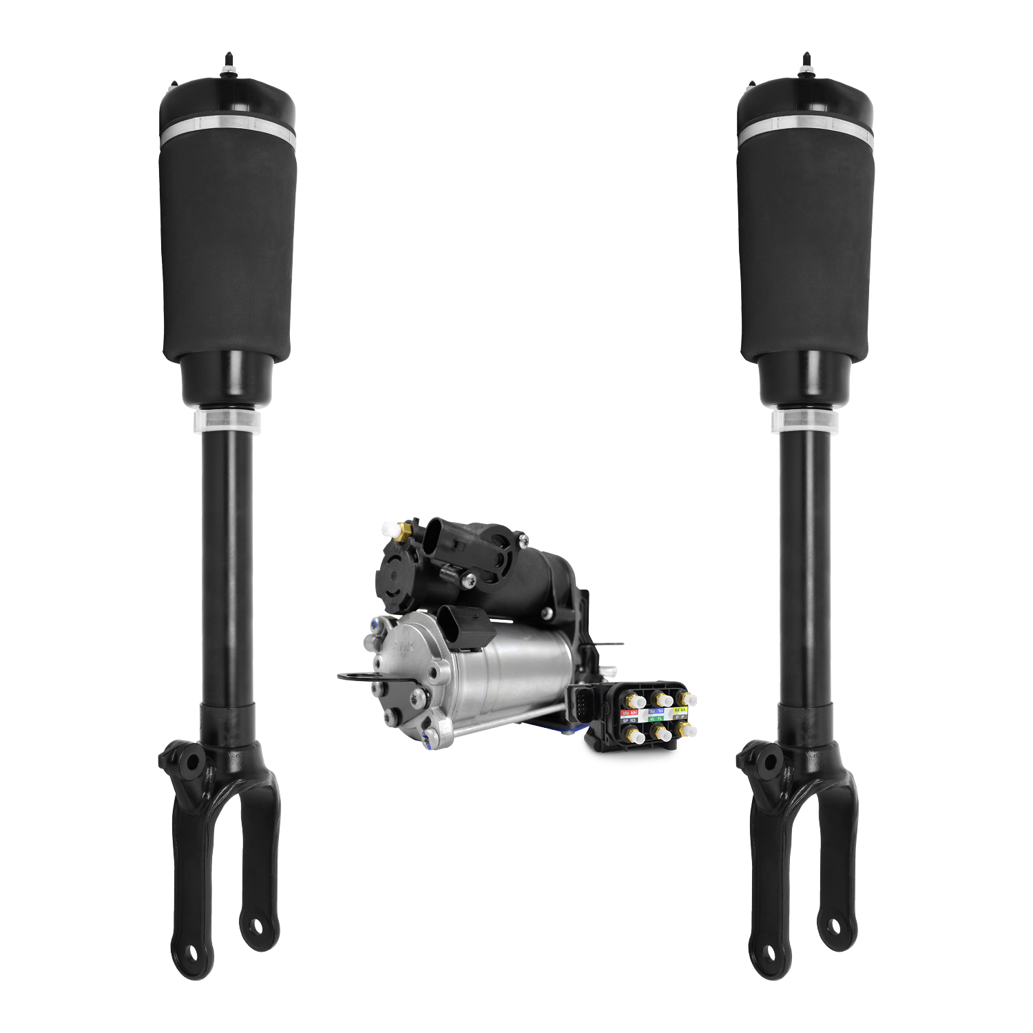 Unity Automotive Front Non-Electronic Air Strut Assemblies (1) Air Suspension Compressor (1) Valve Block - 2-18-112900-V