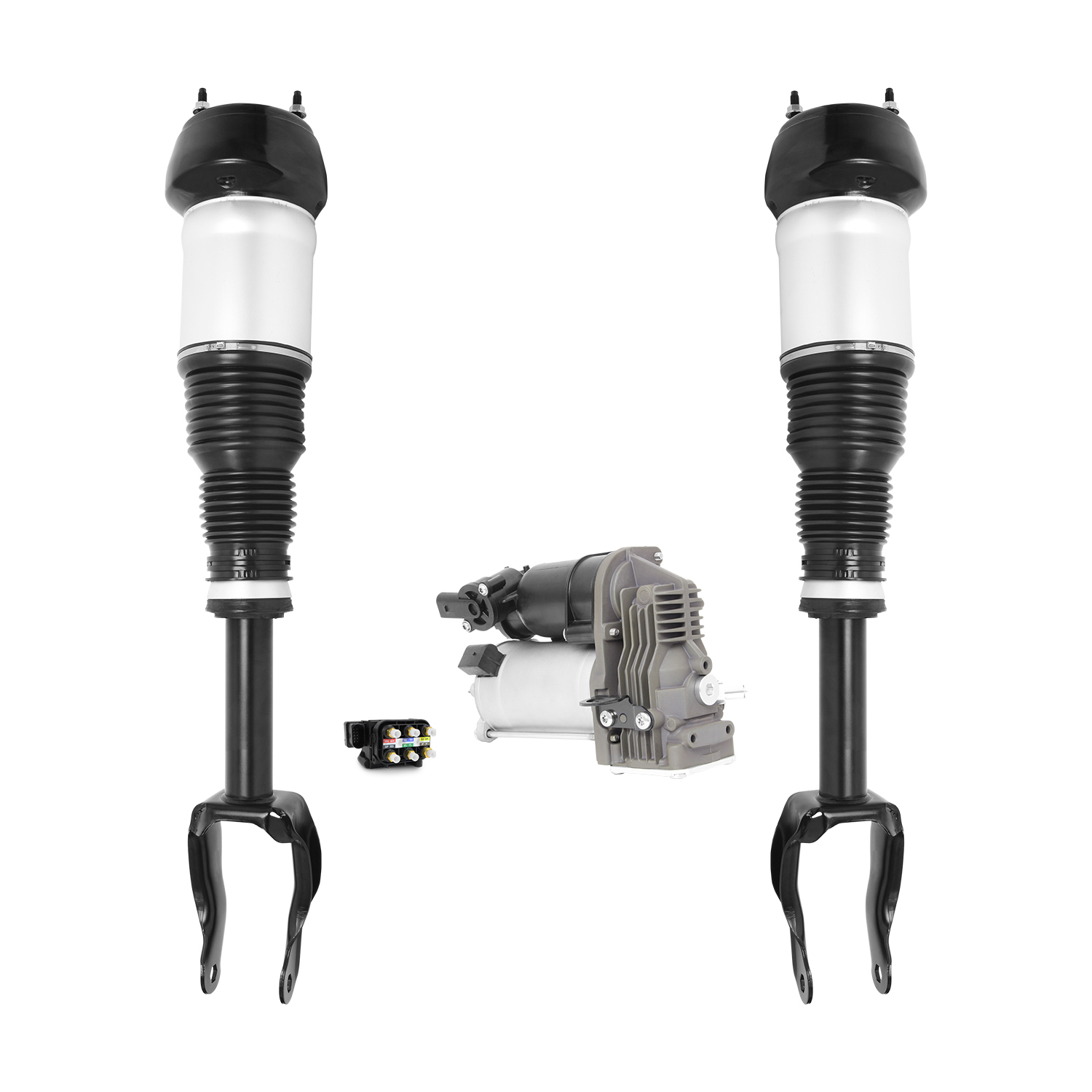 Unity Automotive Front Non-Electronic Air Strut Assemblies (1) Air Suspension Compressor (1) Valve Block - 2-18-117001-V