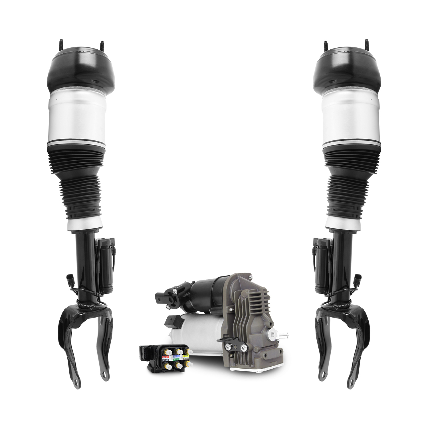 Unity Automotive Front Electronic Air Strut Assemblies, (1) Air Suspension Compressor, (1) Valve Block - 2-28-117001-V