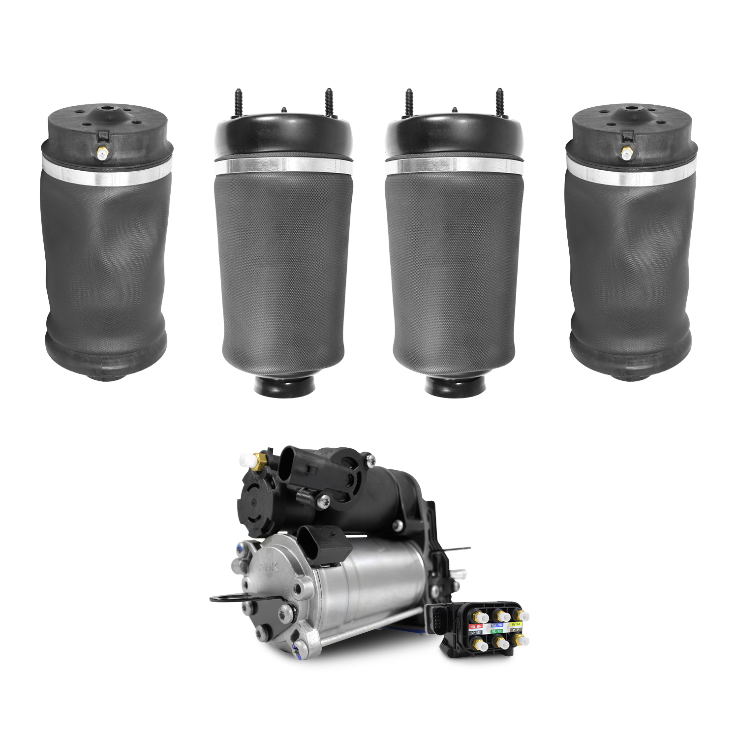Unity Automotive Front & rear Air Springs/Bags, (1) Air Suspension Compressor - 4-15-112900-4