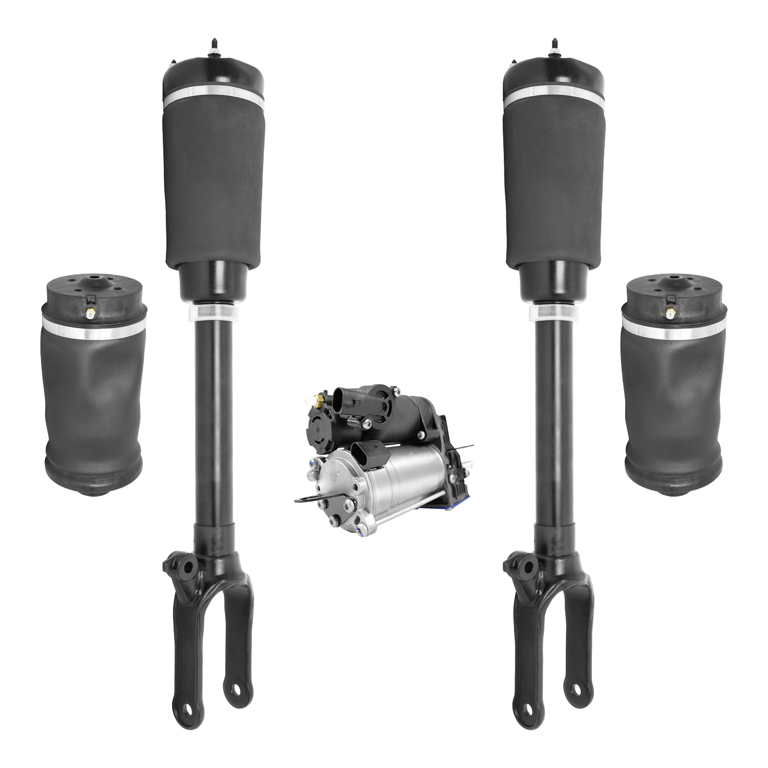 Unity Automotive Front Non-Electronic Air Strut Assemblies, (2) Rear Air Springs/Bags, (1) Air Suspension Compressor - 4-18-112900-4