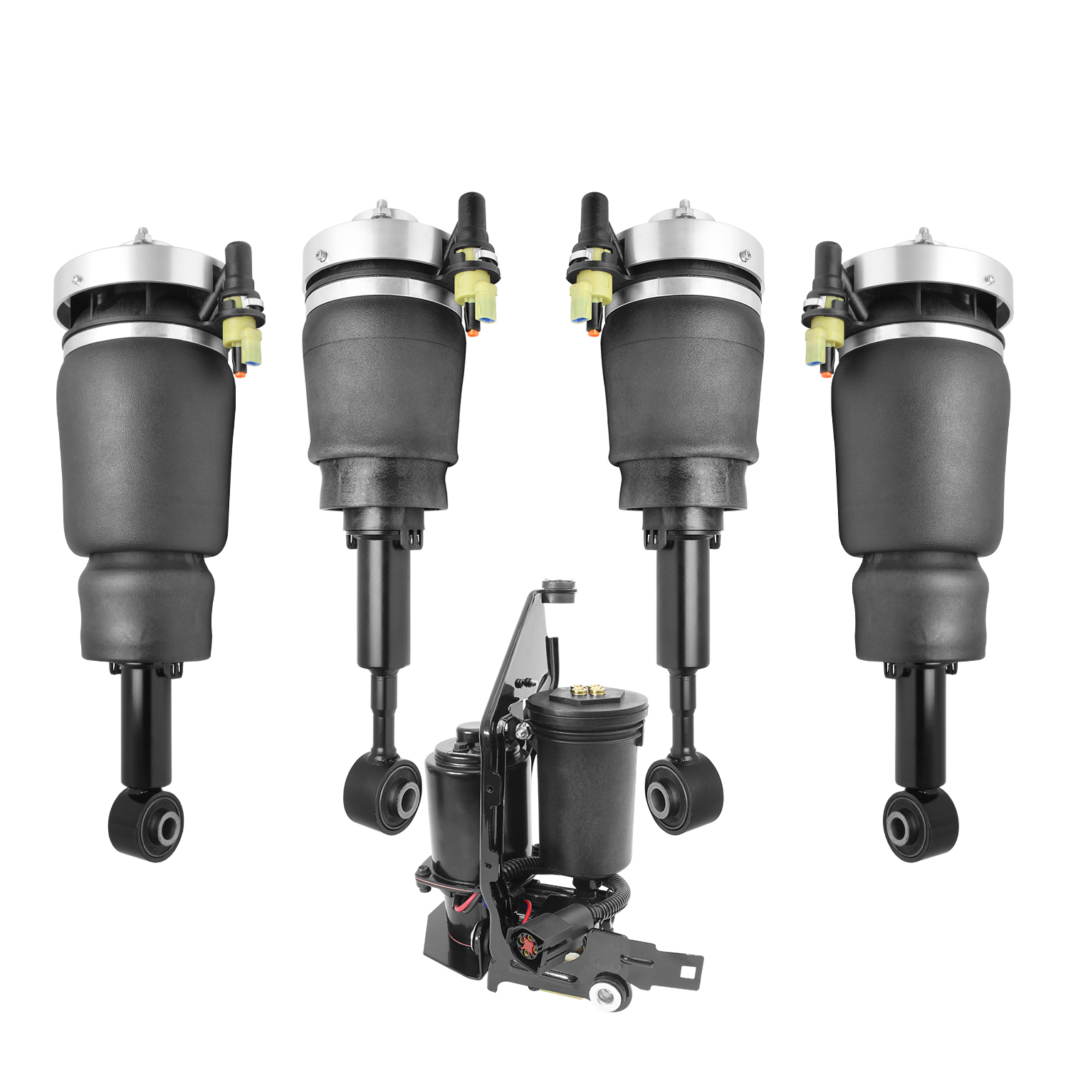 Unity Automotive Front & Rear Non-Electronic Air Strut Assemblies, (1) Full Air Suspension Compressor with Cage - 4-18-160000-C