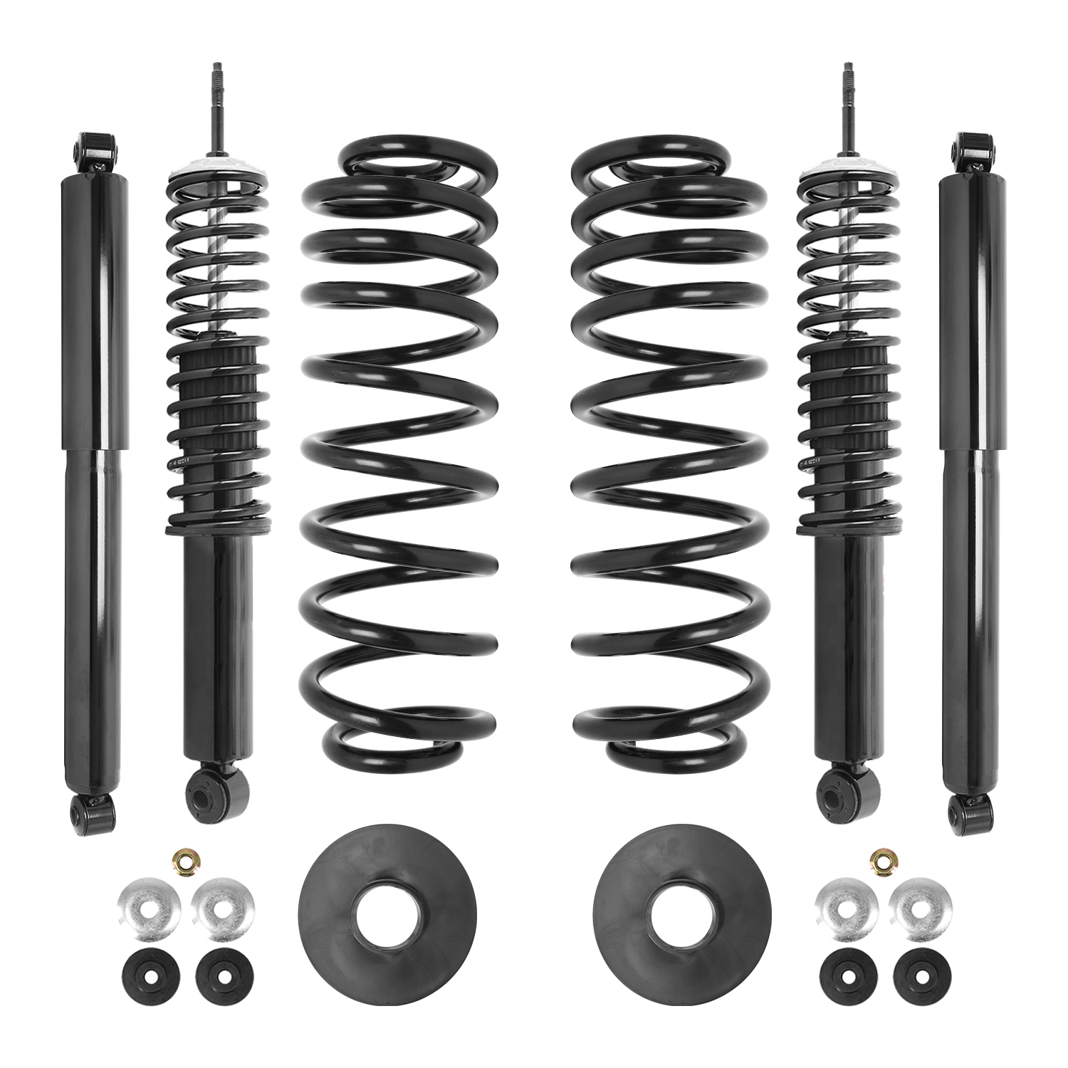 Unity Automotive Front & Rear Shock Absorbers (2) Springs (2) Spring Seats (2) Nuts (4) Bushings (4) Washers - 68001C