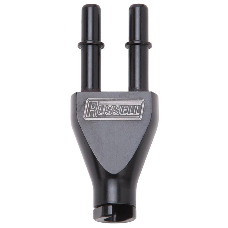 Russell Adapter Y-Block 3/8in Sae Quick Disconnect Female To 2X 3/8in Sae Qd Male Blk Anodized