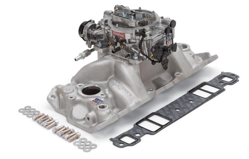 Edelbrock Manifold And Carb Kit Performer RPM Small Block Chevrolet Vortec Natural Finish