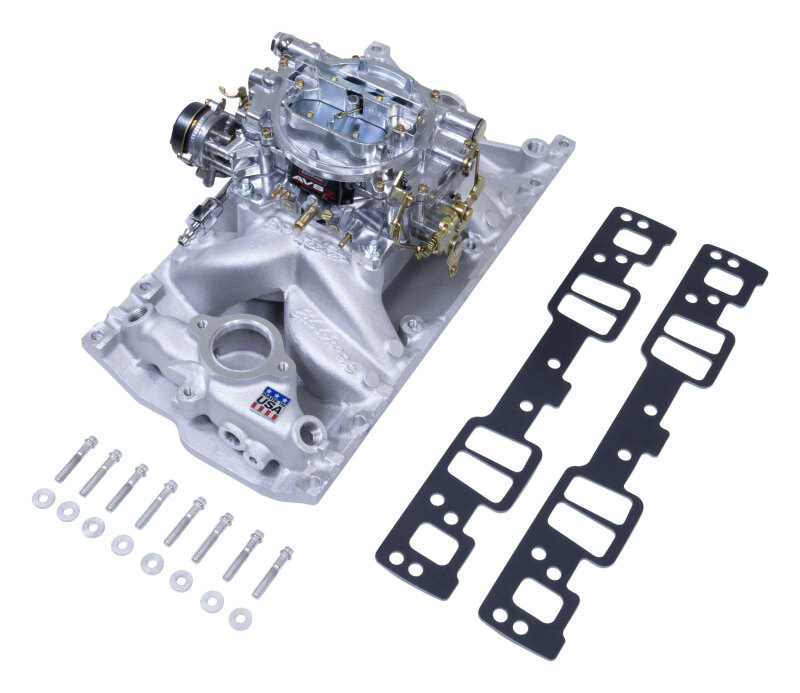 Edelbrock Manifold And Carb Kit Performer RPM Air Gap Small Block Chevrolet Vortec Natural Finish