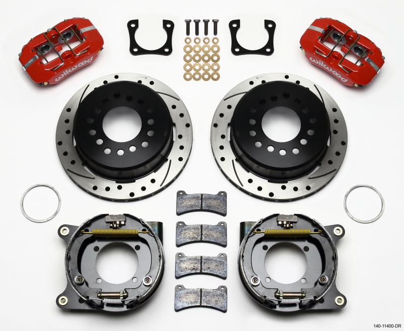 Wilwood Dynapro Low-Profile 11.00in P-Brake Kit Drill-Red Chevy 12 Bolt Spcl 2.81in Off Stag Mount