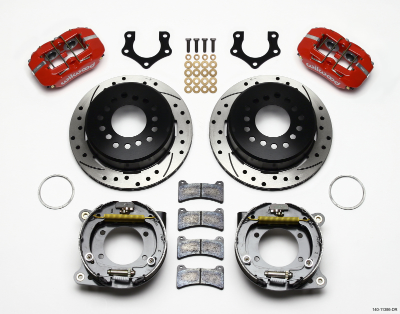 Wilwood Dynapro Low-Profile 11.00in P-Brake Kit Drill-Red Mopar/Dana 2.50in Off w/Snap Ring Bearing