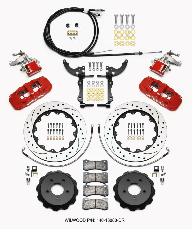 Wilwood AERO4 / MC4 Rear Kit 14.00 Drilled Red 15-23 Mustang w/Lines & Cables