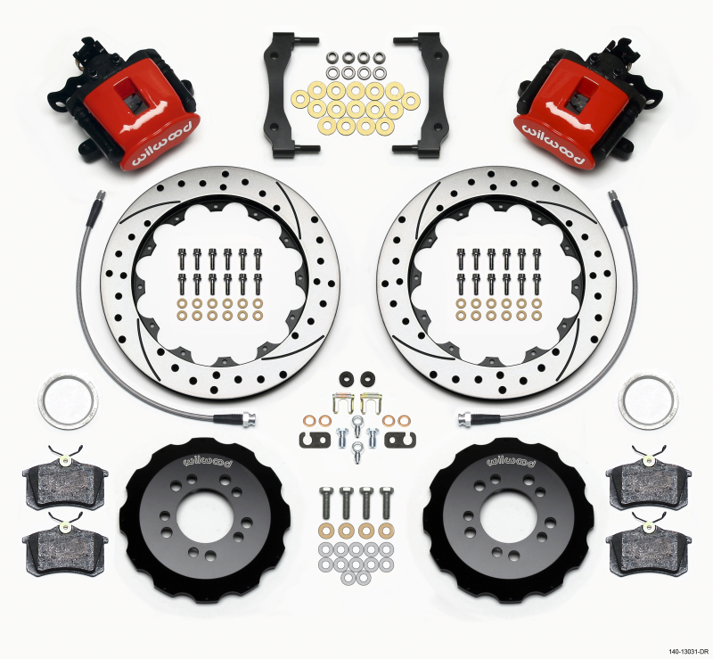 Wilwood Combination Parking Brake Rear Kit 12.88in Drilled Red 2013-Up Ford Focus ST w/ Lines