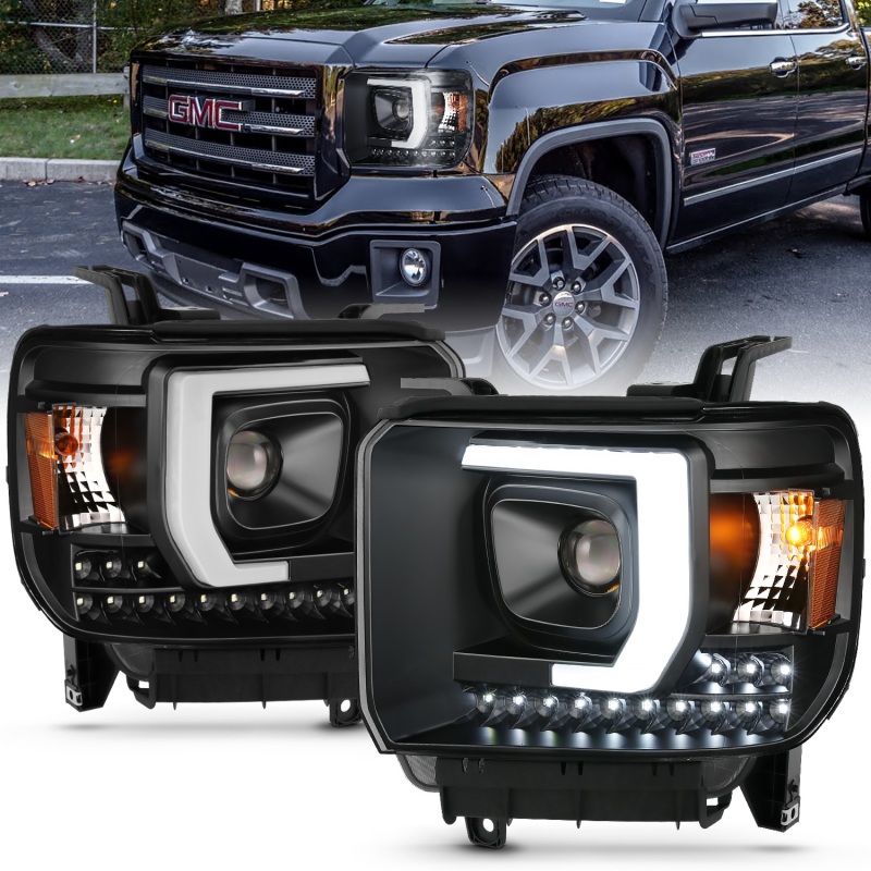 ANZO 2014-2015 GMC Sierra 1500HD Projector Plank Style Headlight Black W/ DRL