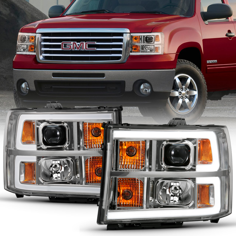 ANZO 2007-2013 GMC Sierra 1500 Projector Headlight Plank Style Chrome w/ Clear Lens Amber