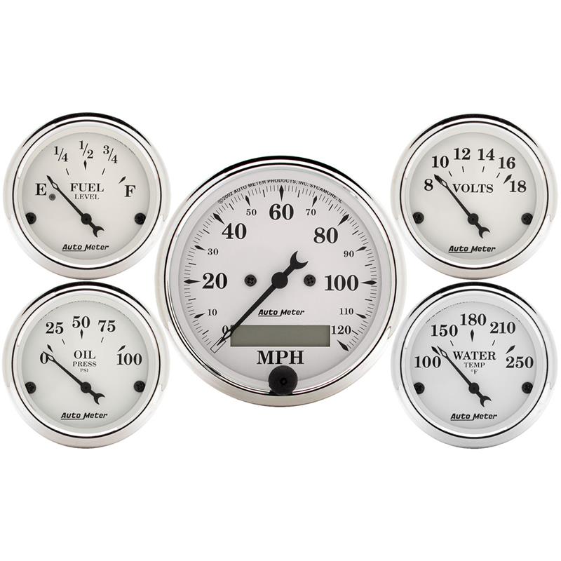 Autometer Old Tyme White 5 Piece Kit (Elec Speed/Elec Oil Press/Water Temp/Volt/Fuel Level) In-Dash