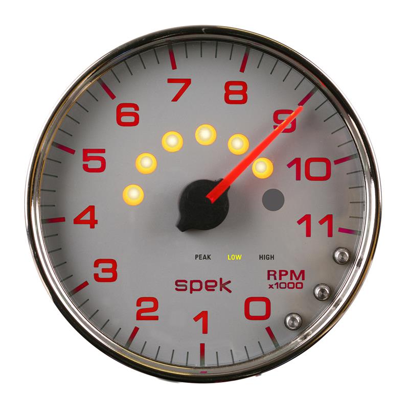 Autometer Spek-Pro Gauge Tachometer 5in 11K Rpm W/Shift Light & Peak Mem Silver/Chrome