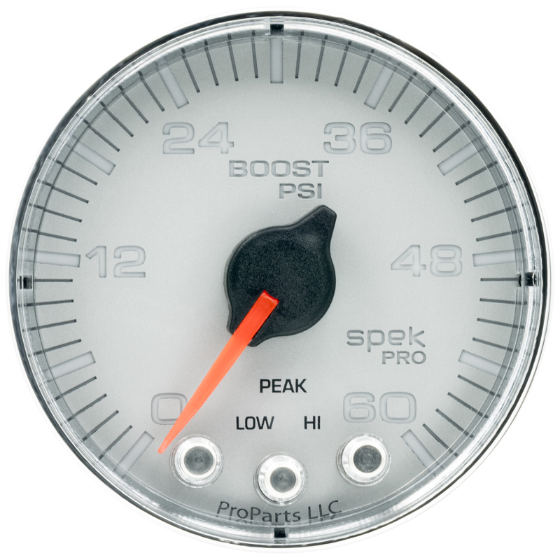 Autometer Spek-Pro Gauge Boost 2 1/16in 60psi Stepper Motor W/Peak & Warn Slvr/Chrm