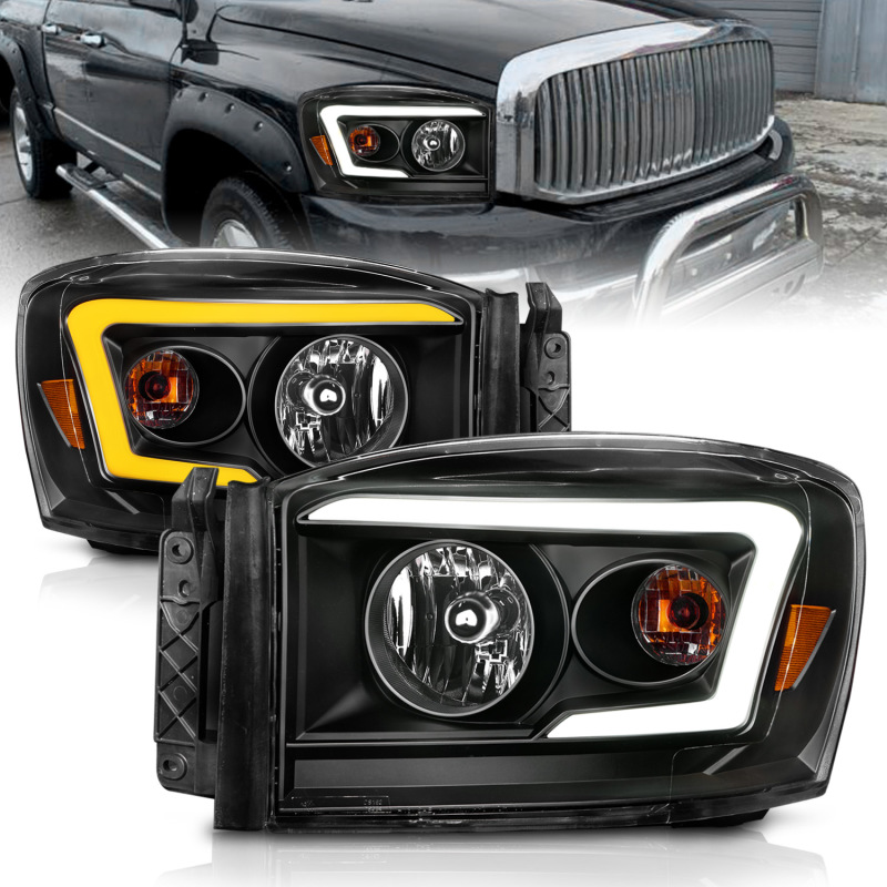 ANZO 06-09 Dodge RAM 1500/2500/3500 Headlights Black Housing/Clear Lens (w/Switchback Light Bars)