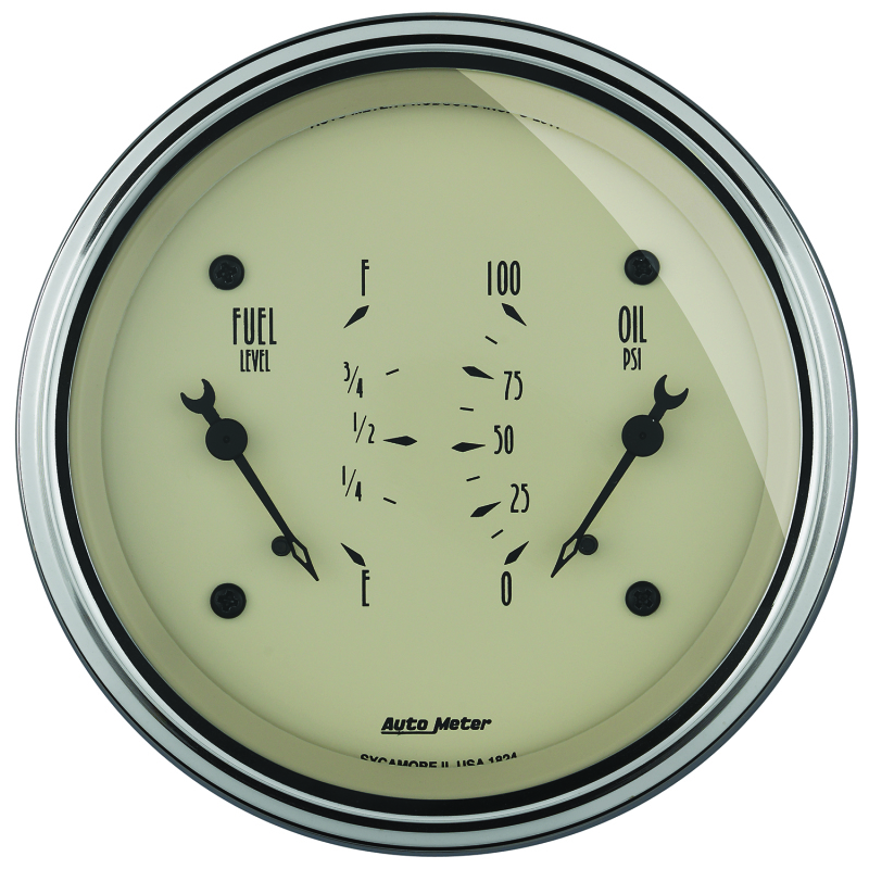 AutoMeter Gauge Dual Fuel & Oilp 3-3/8in. 0 Ohm(e) to 90 Ohm(f)& 100PSI Elec Antique Beige