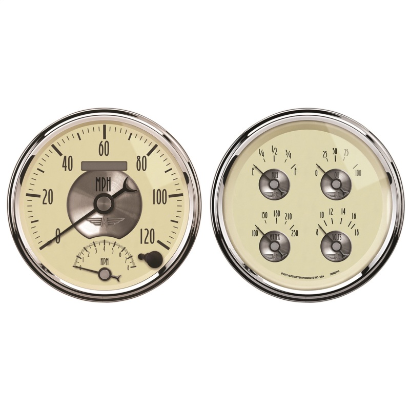 AutoMeter Gauge Kit 2 Pc. Quad & Tach/Speedo 5in. Prestige Antique. Ivory