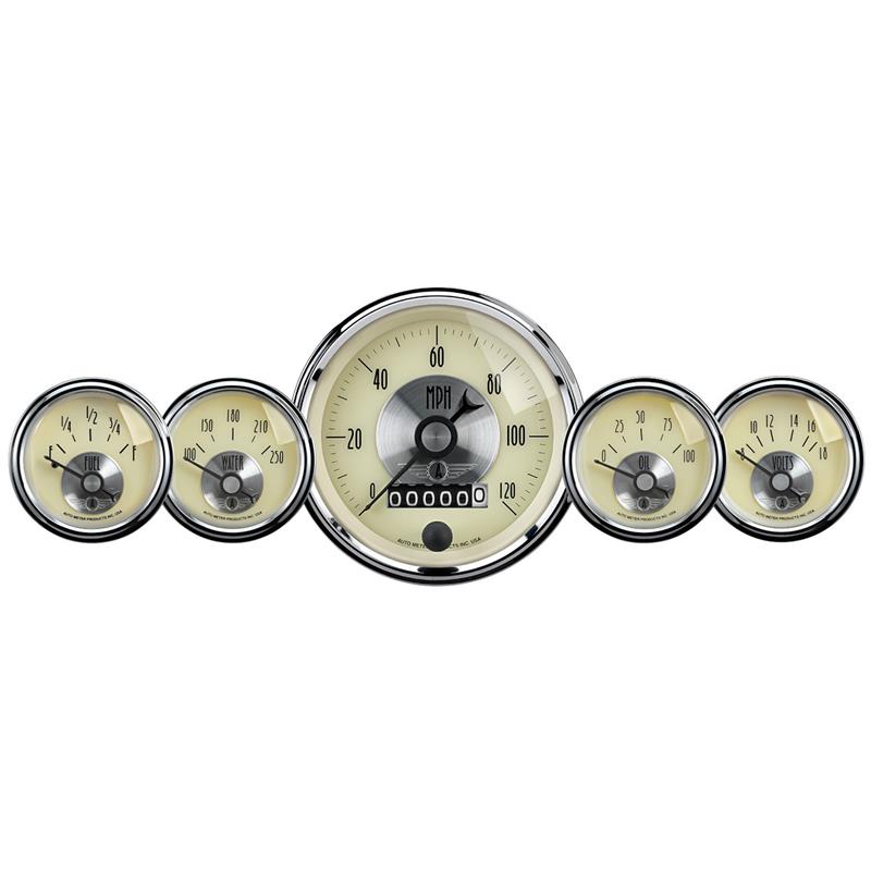 AutoMeter Gauge Kit 5 Pc 3-3/8in. & 2-1/16in. Elec Speedo W/Wheel Odo Prestige Antique. Ivory