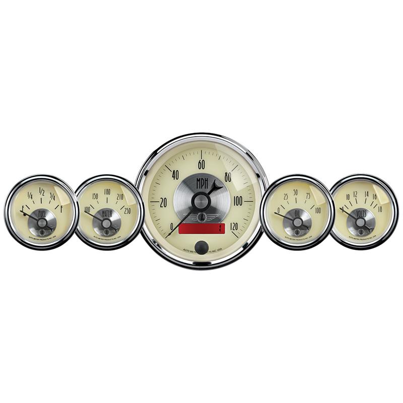 AutoMeter Gauge Kit 5 Pc. 3-3/8in. & 2-1/16in. Elec. Speedo W/Lcd Odo Prestige Antique. Ivory