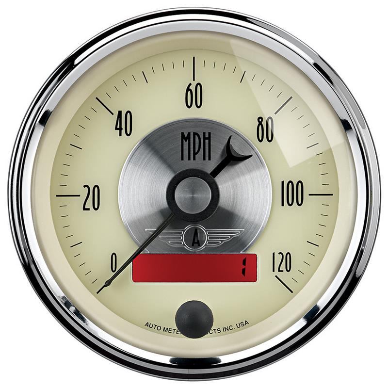 AutoMeter Gauge Speedo 3-3/8in. 120MPH Elec. Program W/Lcd Odo Prestige Antique. Ivory