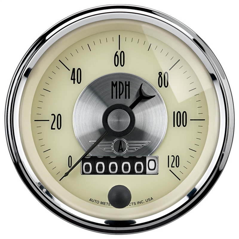 AutoMeter Gauge Speedo 3-3/8in. 120MPH Elec. Program W/Wheel Odo Prestige Antique. Ivory
