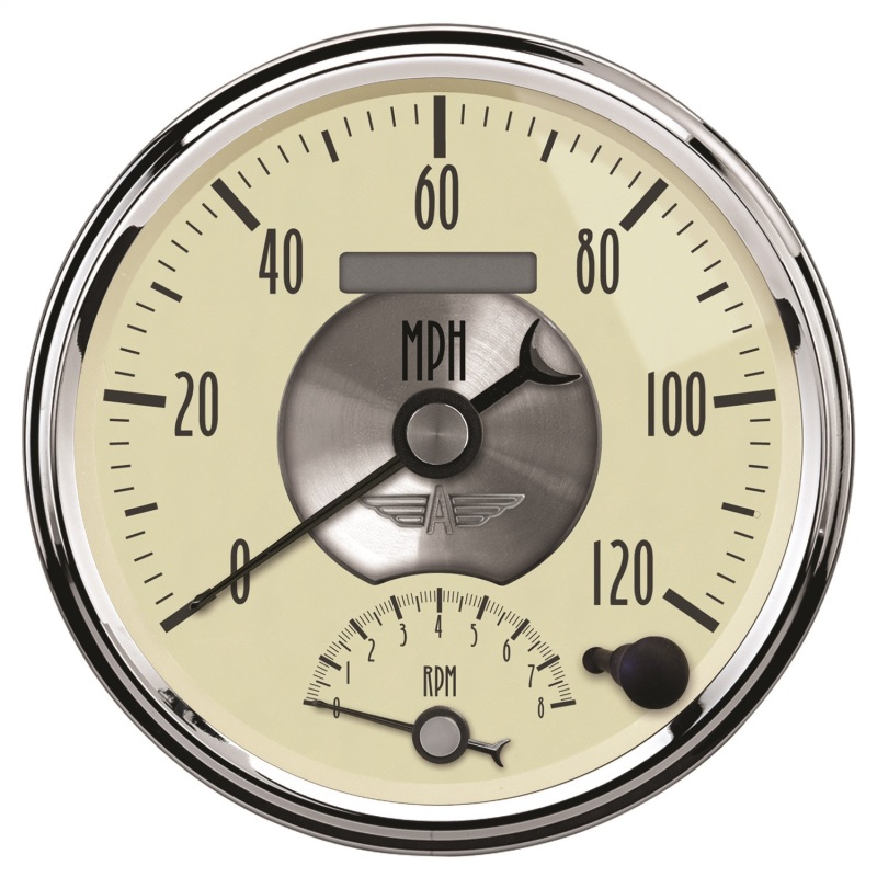 AutoMeter Gauge Tach/Speedo 5in. 120MPH & 8K RPM Elec. Program. Prestige Antique. Ivory