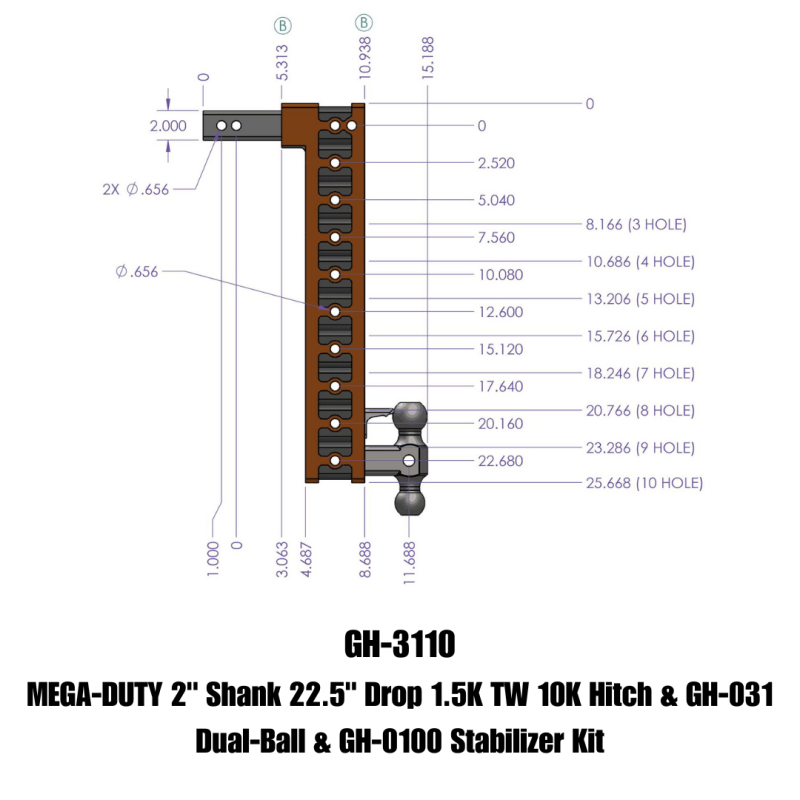 Gen-Y Mega Duty 2in Shank 22.5in Drop 10K Hitch w/GH-031 Dual-Ball/GH-0100 Stabilizer Kit