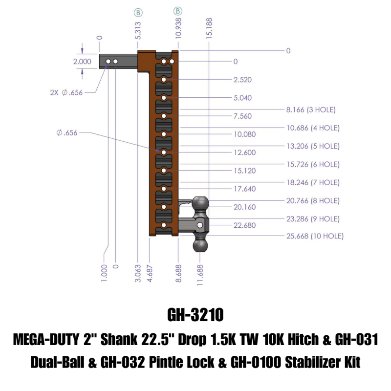 Gen-Y Mega Duty 2in Shank 22.5in Drop 10K Hitch w/Dual-Ball/Pintle Lock/Stabilizer Kit