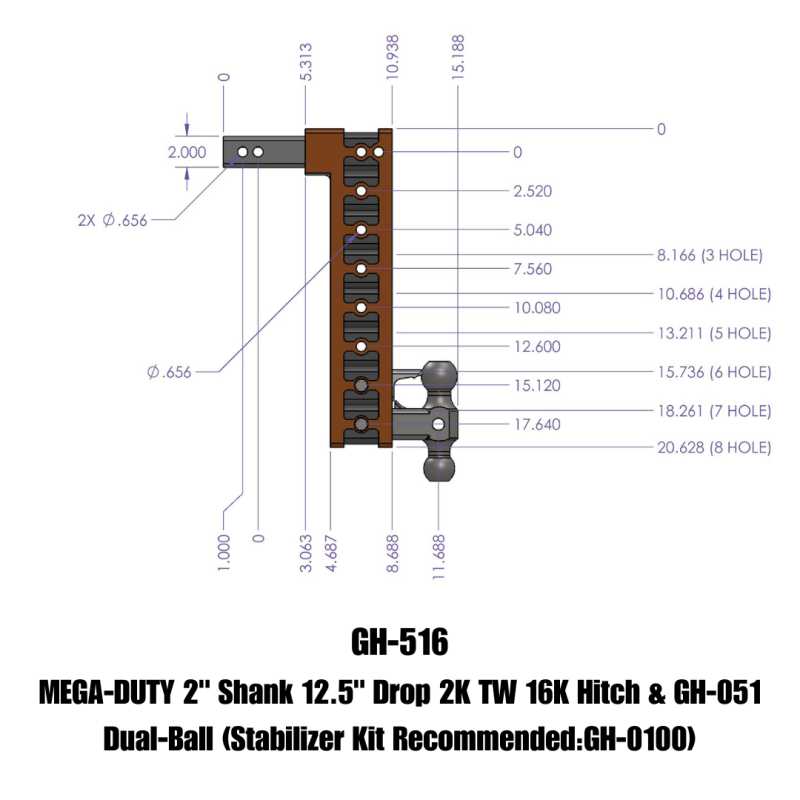 Gen-Y Mega Duty 2in Shank 12.5in Drop 16K Hitch w/GH-051 Dual-Ball