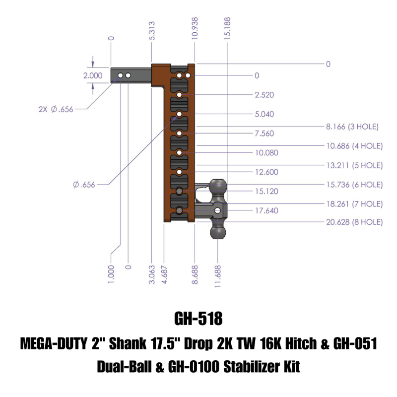 Gen-Y Mega Duty 2in Shank 17.5in Drop 2K TW 16K Hitch w/GH-051 Dual-Ball/GH-0100 Stabilizer Kit