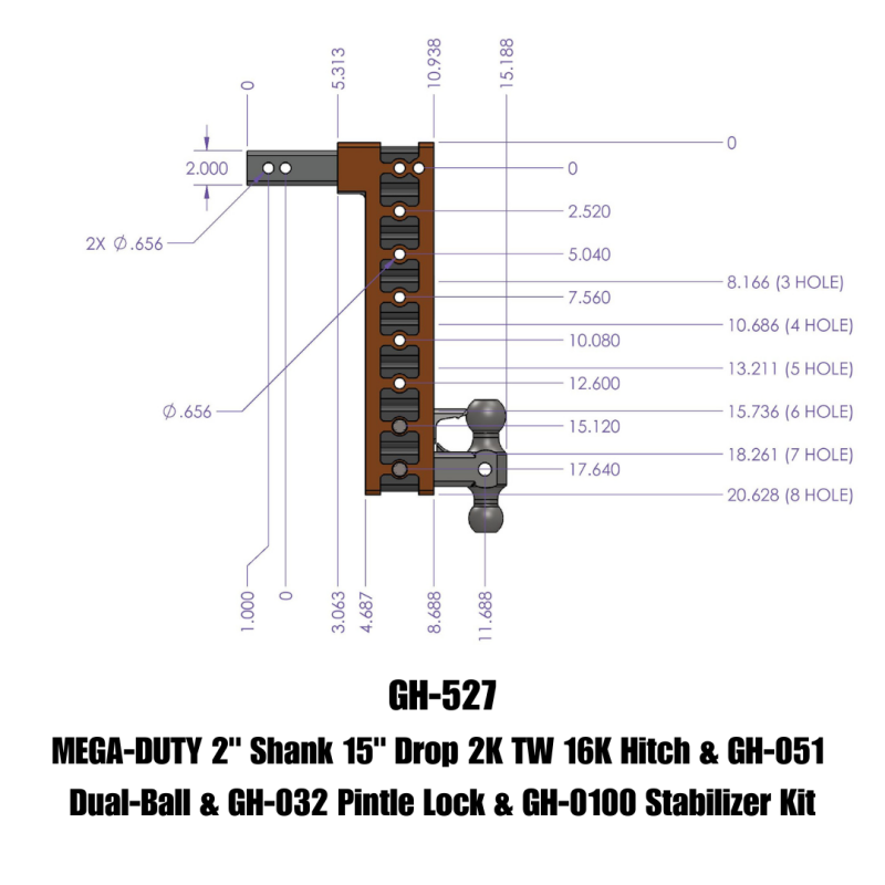 Gen-Y Mega Duty 2in Shank 15in Drop 16K Hitch w/Dual-Ball/Pintle Lock/Stabilizer Kit