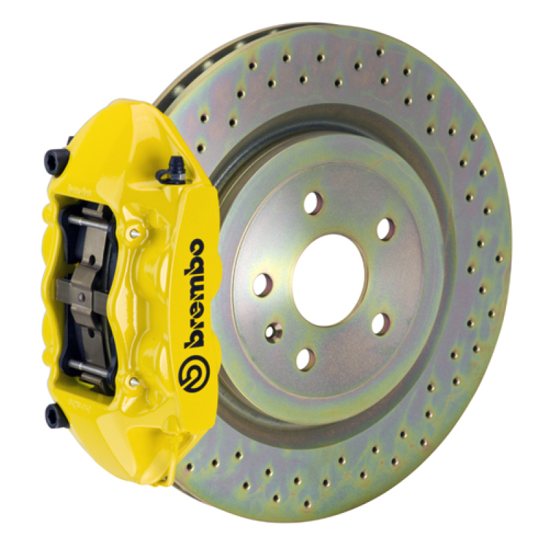 Brembo 10-15 Camaro V6 Rear GT BBK 4 Piston Cast 365x28 1pc Rotor Drilled- Yellow