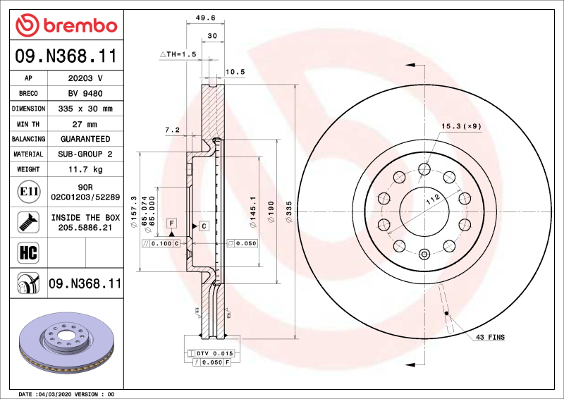 Brembo 21-22 Lexus ES250/19-22 Lexus ES300h/19-22 Lexus ES350/19-22 UX200 Front UV Coated Rotor