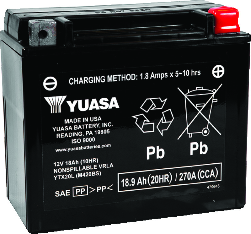 Yuasa YTX20L Maintenance Free AGM 12-Volt Battery