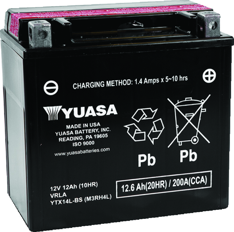 Yuasa YTX14L-BS Maintenance Free AGM 12-Volt Battery w/Bottle