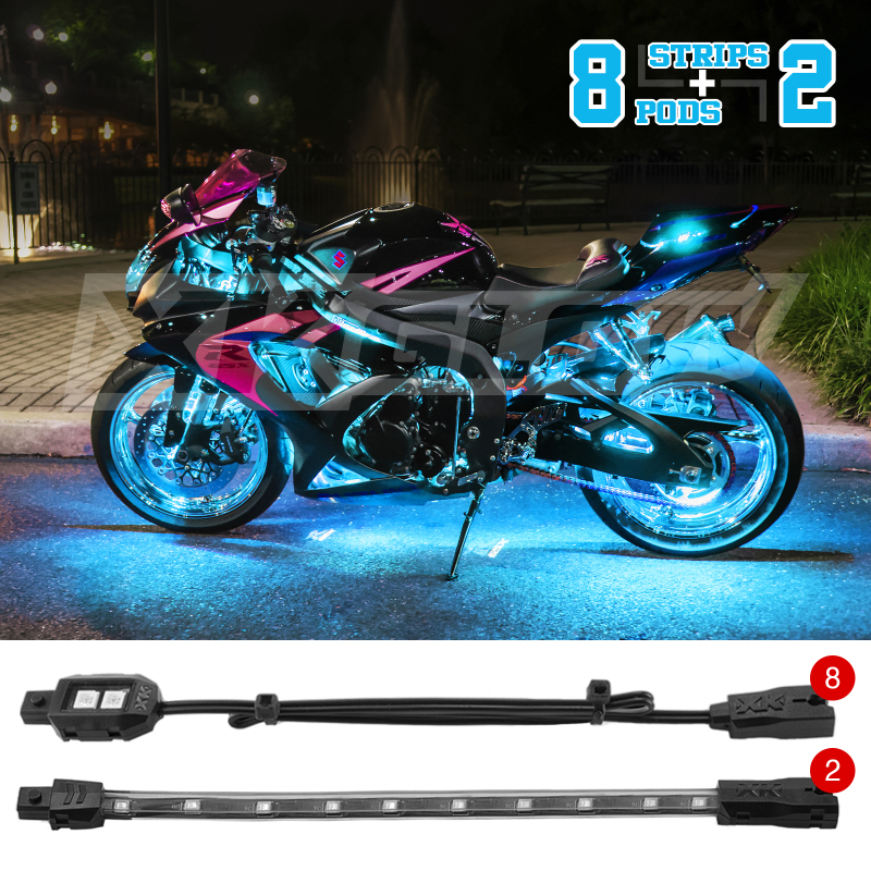 XK Glow Strips Single Color XKGLOW LED Accent Light Motorcycle Kit Light Blue - 8xPod + 2x8In