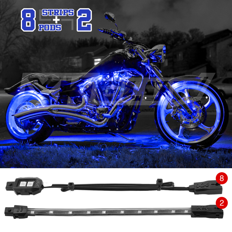 XK Glow Single Color XKGLOW LED Accent Light Motorcycle Kit Blue - 8xPod + 2x8InStrips