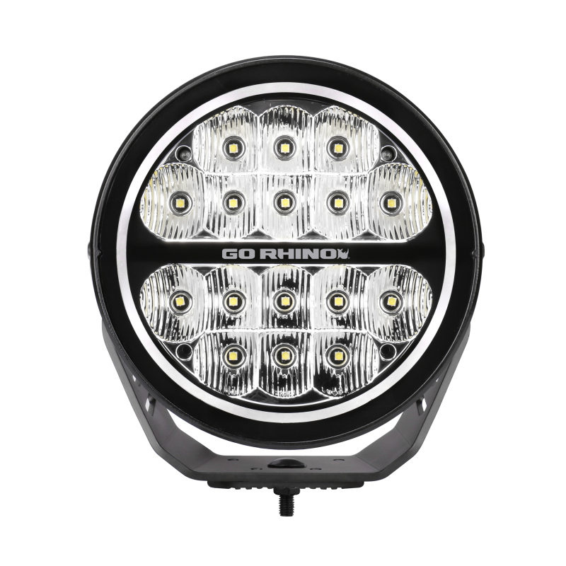Go Rhino Xplor Blackout Series Round LED Driving Light w/DRL (Surface/Threaded Stud Mnt) 7in. - Blk