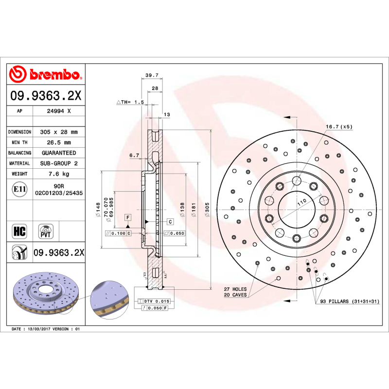 Brembo OE 16-17 Chrysler 200/13-16 Dodge Dart Friction Brake Disc