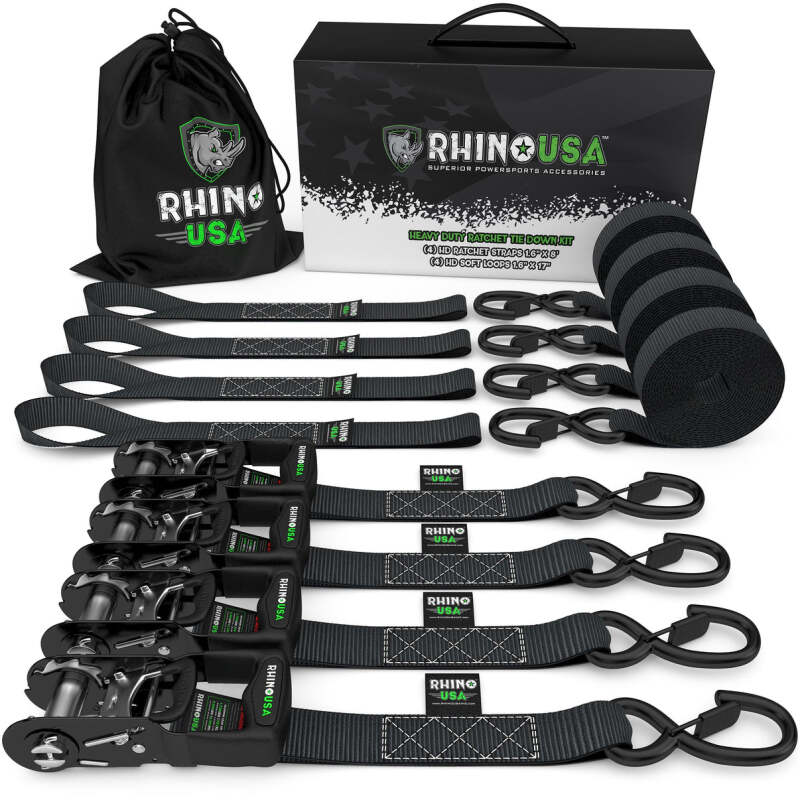 Rhino USA Heavy Duty Ratchet Tie-Down 4-Pack (Black) 1.6In X 8Ft