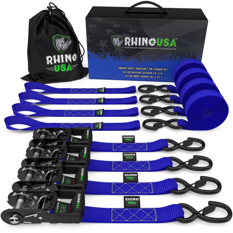 Rhino USA Heavy Duty Ratchet Tie-Down 4-Pack (Blue) 1.6In X 8Ft