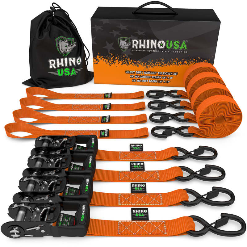 Rhino USA Heavy Duty Ratchet Tie-Down 4-Pack (Orange) 1.6In X 8Ft