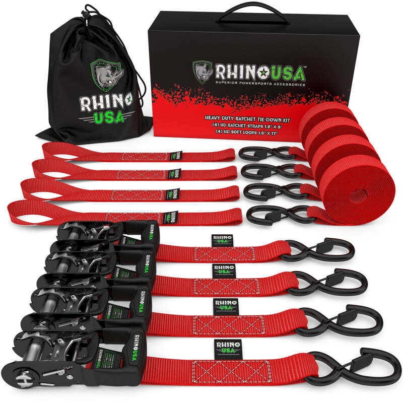 Rhino USA Heavy Duty Ratchet Tie-Down 4-Pack (Red) 1.6In X 8Ft