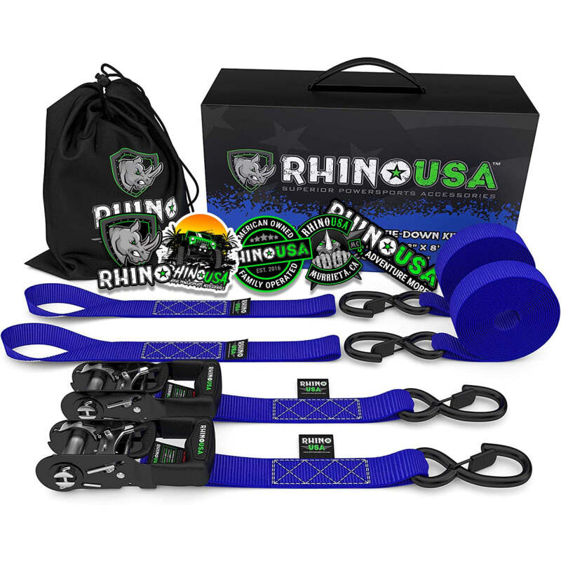 Rhino USA Heavy Duty Ratchet Tie-Downs 2-Pack (Blue) 1.6In X 8Ft