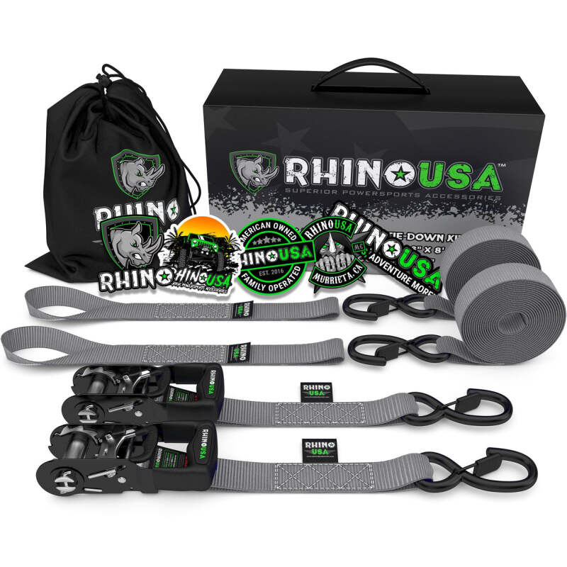Rhino USA Heavy Duty Ratchet Tie-Downs 2-Pack (Gray) 1.6In X 8Ft