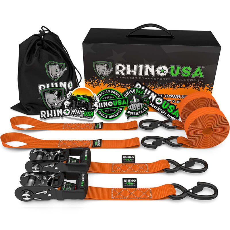 Rhino USA Heavy Duty Ratchet Tie-Downs 2-Pack (Orange) 1.6In X 8Ft