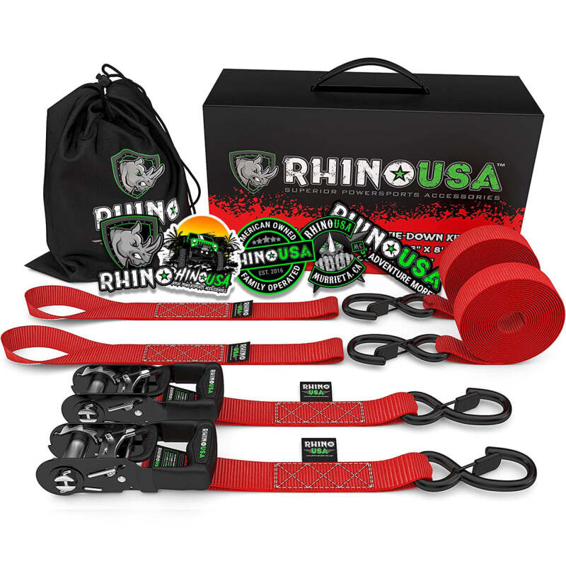 Rhino USA Heavy Duty Ratchet Tie-Downs 2-Pack (Red) 1.6In X 8Ft
